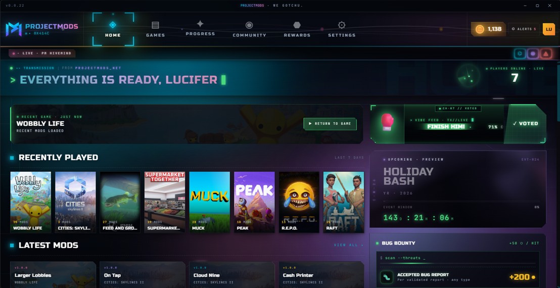 ProjectMods desktop app home screen
